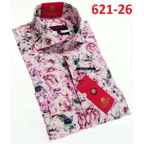 Axxess Pink / Sage Cotton Flower Design Modern Fit Dress Shirt With Button Cuff 621-26.